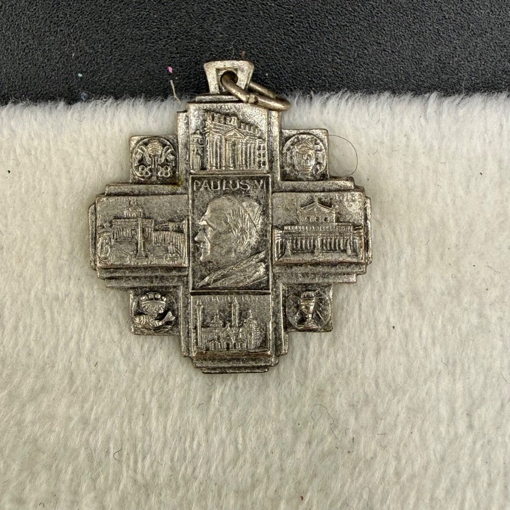 Vintage Religious Pendant Paulus VI Silver Tone Anno Santo